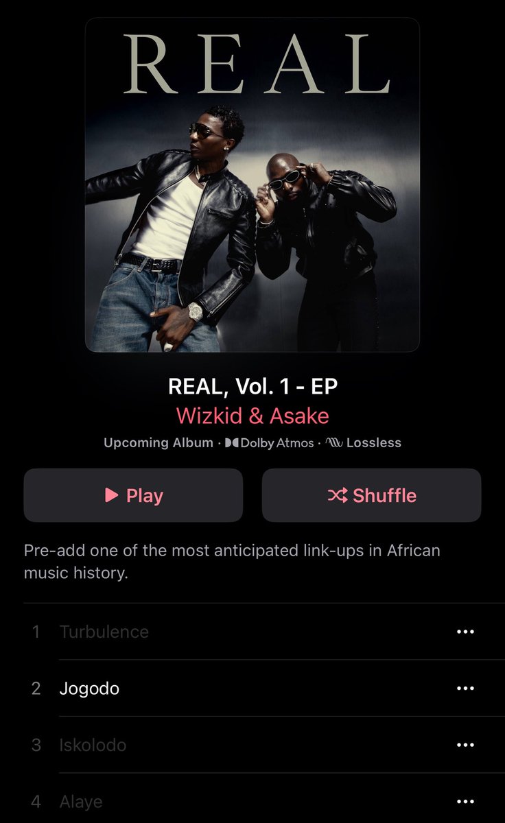 🎵 Wizkid &amp; Asake 
💿 REAL, VOL 1 - EP
🗓️ OUT JAN 23rd! 

Track List;
1. Turbulence 
2. Jogodo 
3. Iskolodo
4. Alaye

JOGODO is out now! 🦅
