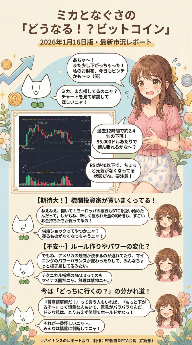 ビットコインは米国規制のニュースに反応で落ちましたね。 ビットコインの概況をGeminiに作ってもらいました。 今日の解説担当はミカさんです。  #btc #なぐさ #ミカ ↓