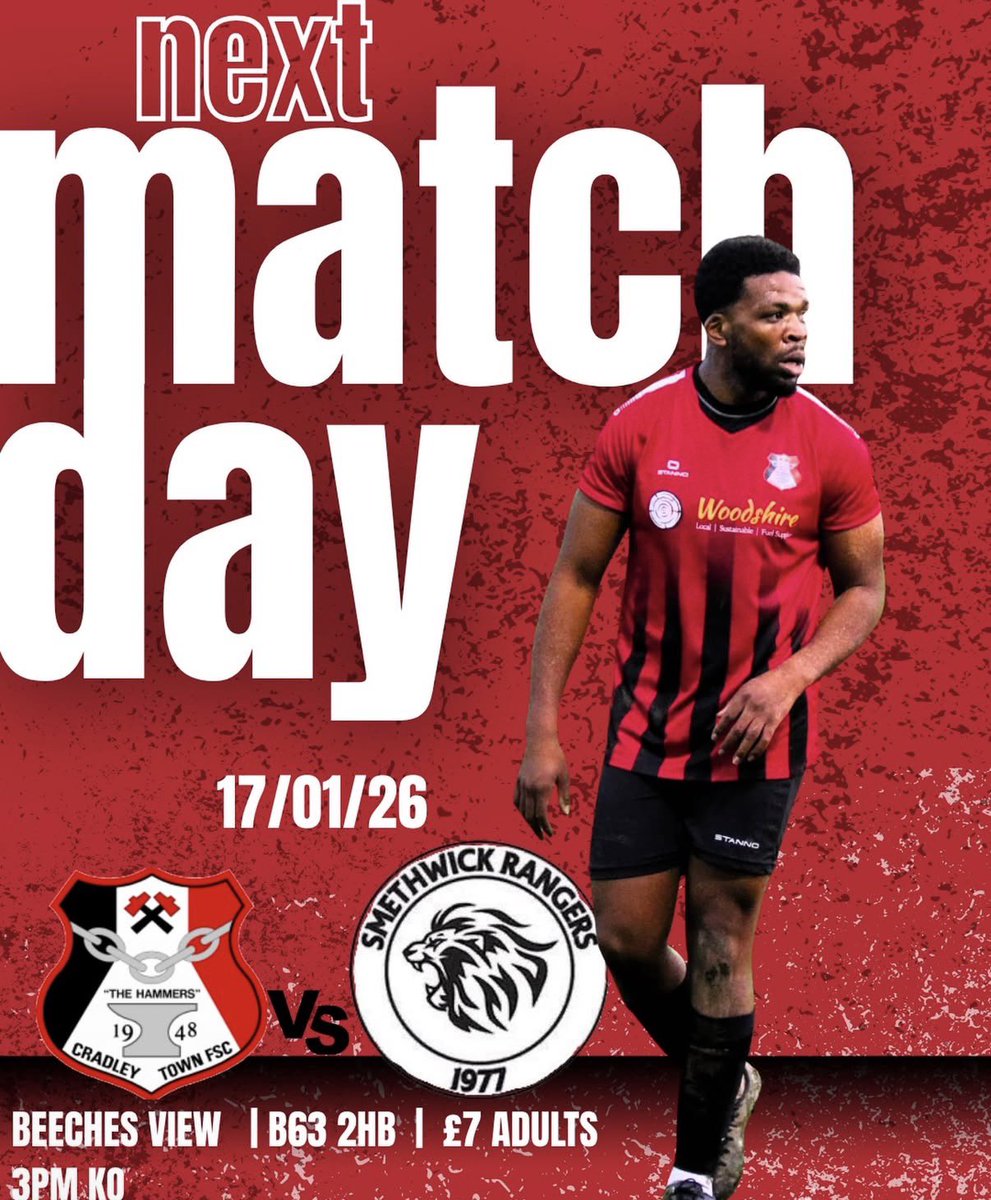 🔴⚫️Next up:

On Saturday we take on <a href="/SmethwickRFC77/">Smethwick Rangers FC ⚽️</a> in a rescheduled fixture. We hope weather dependent that we can play some football.

📅 17/01/26
🕒 KO 3:00PM
📍Beeches view | B63 2HB
💳 £7 Adults
🍔 Food available

#TheHammers #CradleyTownFSC
