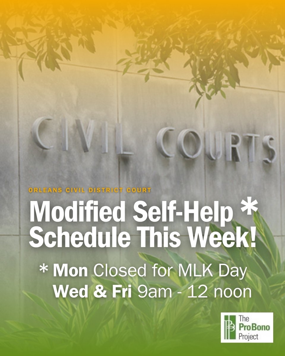 The Self-Help Resource Center (SHRC, aka the self-help desk) at Orleans Civil District Court is CLOSED today for the MLK holiday!

Visit our volunteers at SHRC this week on Wednesday or Friday, from 9am - 12 noon.

SHRC is generously funded by The Louisiana Bar Foundation.