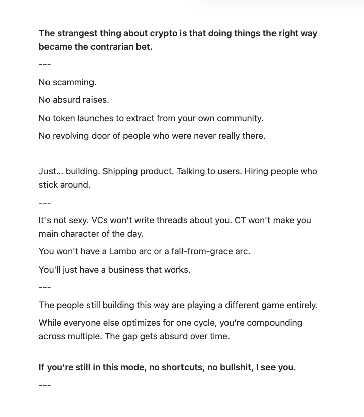abishek's tweet photo. God forbid you try to build a real business in crypto.

Build while others perform. https://t.co/f5YrhF6UuR