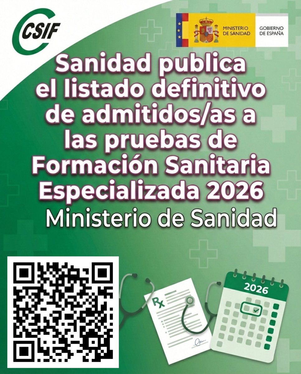 🟢 Sanidad publica el listado definitivo de admitidos/as a las pruebas de Formación Sanitaria Especializada 2026

🔎 Consulta si estás admitido/a y toda la información oficial aquí:
 csif.es/es/articulo/na…

🔗 Redes Sociales:
lnk.bio/CSIF_Sanidad