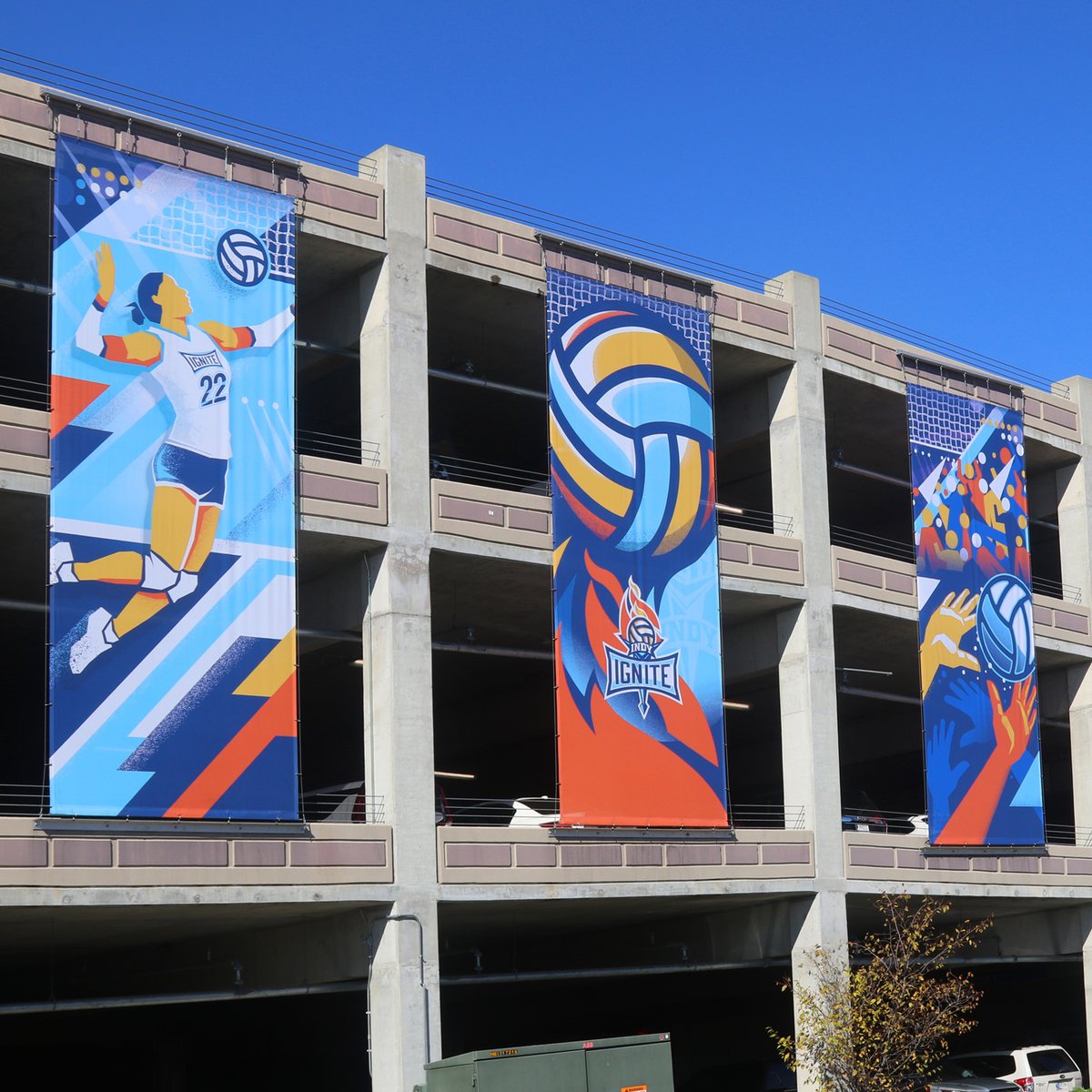 wilkinsonbros's tweet photo. A detailed view of our triptych featuring the @IndyIgniteVB  - one of the top-notch, high-energy pro sports teams that play at the
@FishersEventCtr.

See these 24ft tall illos on the Edge Parking Grg (116th &amp; Commercial Dr) in @FishersIN. https://t.co/r0S4p4VLyq