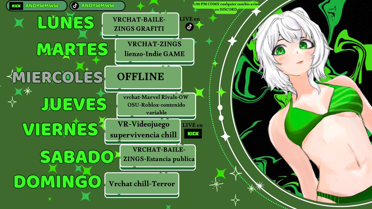 Mis horarios de STREAM como VTUBER puede variar mucho ojo pero tratare de cumplir lo mas que pueda. Ven a divertirte en mis streams o pasarla chill de cojones.
Mi KICK kick.com/andywmww
Mi Tik TokAndywwww (@andywmww) | TikTok
Mi DISCORD discord.gg/QTdQdP6KUT