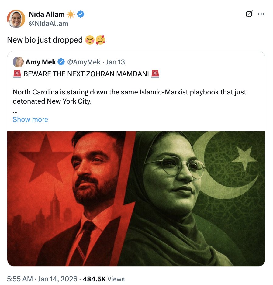 🚨 BREAKING - BEWARE NORTH CAROLINA! 

Congressional Candidate Nida Allam Is Laughing At YOU While Importing Zohran Mamdani’s Islamic-Marxist Takeover to North Carolina

RAIR Foundation dropped the bombshell report exposing her as the next Zohran Mamdani - pushing the Green Axis