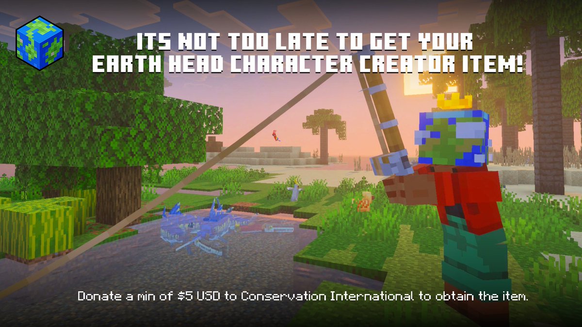Minecraft's tweet image. Didn't get a chance to support @ConservationOrg and obtain your item? There's still time!

Donate a min of $5 USD to get the item and support Minecraft and Conservation International's global efforts to building a better world: aka.ms/FriendlyFishin…