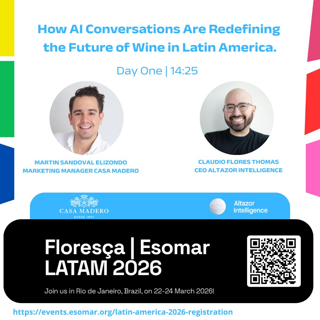 La #IA ya está influyendo en cómo las marcas toman decisiones. En #ESOMARLatam2026 conversaremos sobre data, cultura y consumo en la industria del vino como referencia y aprendizajes para múltiples sectores. Con Martín Sandoval Elizondo de <a href="/CasaMadero/">Casa Madero</a> y <a href="/ClaudioFloresT/">Claudio Flores Thomas</a>.