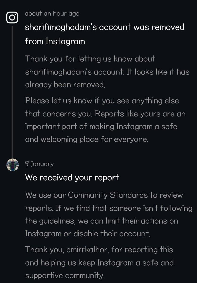 اینستاگرام خبر داد که صفحه المیرا شریفی‌مقدم، مجری صداوسیما جمهوری‌اسلامی در اینستاگرام حذف شده است!
 خبر خوب
#IranRevolution2026