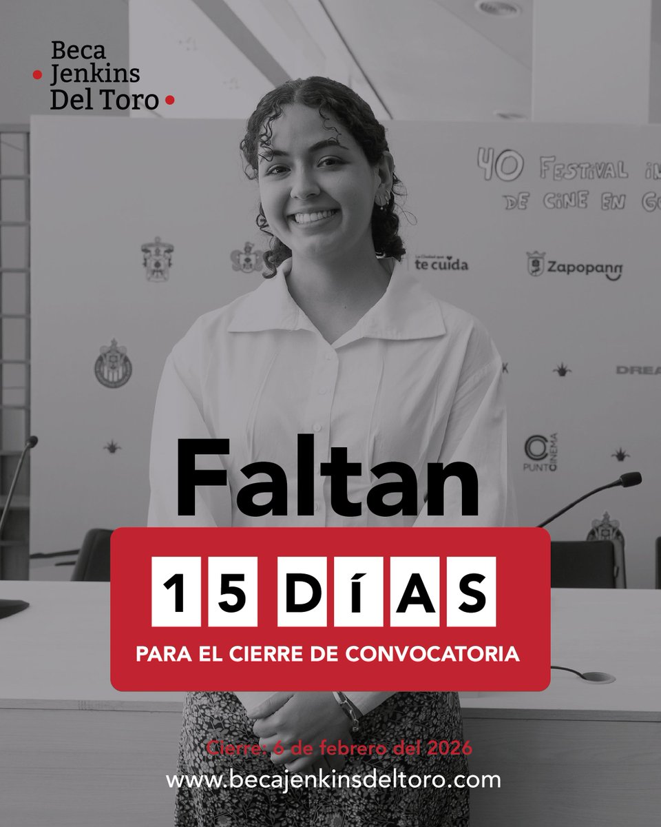 ¡Faltan 15 días para el cierre de la convocatoria de la #BecaJenkinsDelToro!

Aplica ya y obtén la oportunidad de estudiar cine en cualquier parte del mundo.

Más información ➡️ becajenkinsdeltoro.com