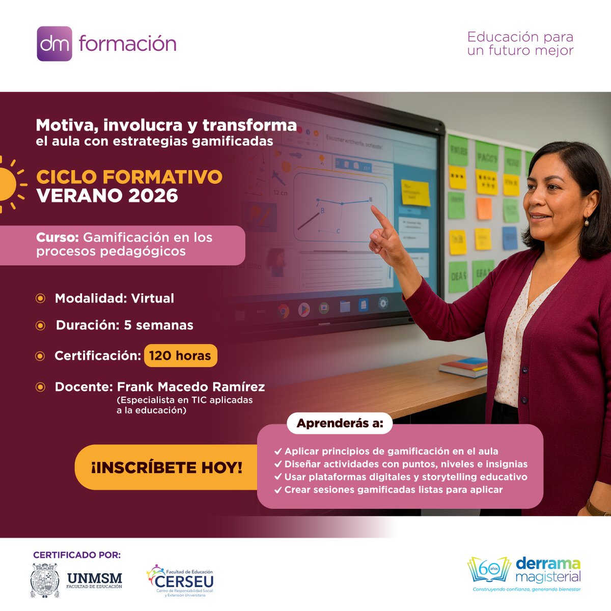 La educación de hoy necesita clases que inspiren. En el curso Gamificación en los procesos pedagógicos, aprenderás a incorporar dinámicas de juego 🎮 y estrategias creativas 💡 para aumentar la participación 🙋‍♀️ de los estudiantes.

Más info: wa.me/939340906
#DMFormación