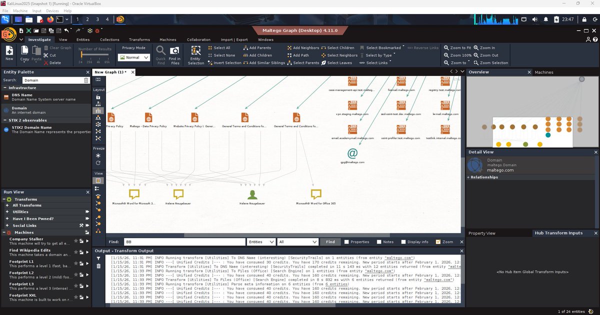 88% of #100DaysOfCyberSecurity.
I installed Maltego, a powerful OSINT tool used for data mining and information gathering, capable of obtaining real-time data on different types of entities (companies, people, websites, etc.). Trying to understand how to use it... <a href="/Nnajikenechi/">Mr Kelz</a>