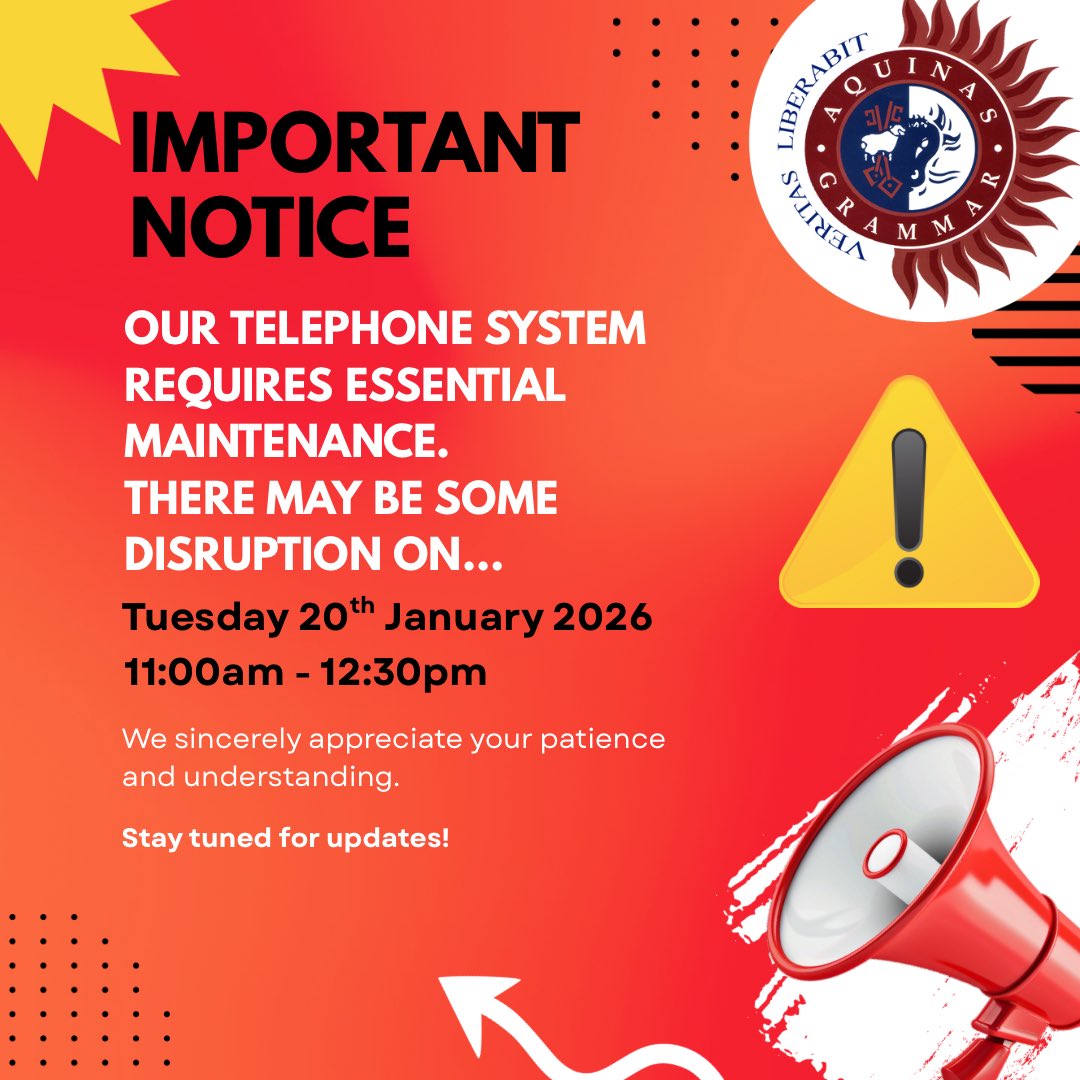 Important information for parents and guardians. Our telephone system requires essential maintenance on Tuesday 20th January. You may experience issues contacting us between 11am and 12:30pm. We will update when works are complete.