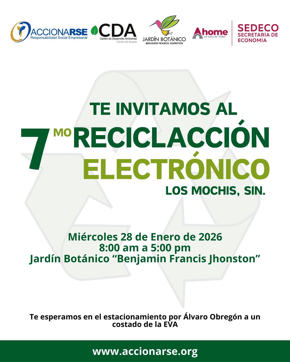 ♻️ Te invitamos al 7° ReciclAcción Electrónico Los Mochis 2026

Súmate a esta iniciativa que impulsa la correcta gestión de residuos electrónicos y refuerza nuestro compromiso con el medio ambiente y la comunidad.

Porque el cambio no se anuncia, se acciona✅