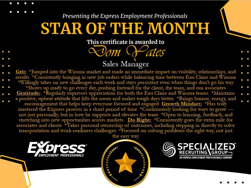 👏🏻👏🏻👏🏻 Whoo-hoo!!!! Let me present to you our Star of the Month......our Sales Manager Dom!! We have been so lucky to have Dom become a part of our team. He balances his time between Eau Claire and Winona and all while wearing a smile! He has such a great handle on...
