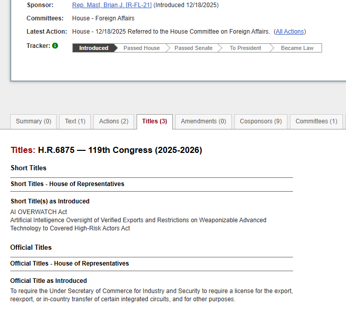 WallStreetMav's tweet image. The AI Overwatch Act is being proposed to take away President Trump's authority as Commander in Chief and undermine his America First strategy.

This would restrict the President's ability to restrict AI chip export controls. It handicaps Trump's ability to strategically position…