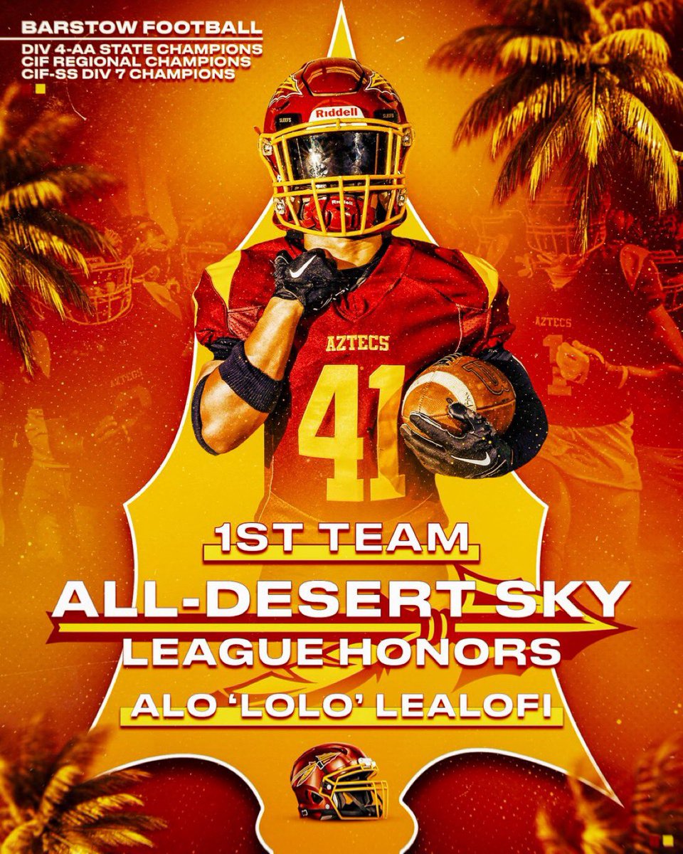 alolealofi's tweet photo. Honored to be named 1st Team All-Desert Sky League! 
Proud of the work, the team, and the process
Grateful for my coaches and teammates—this is just the beginning.
@Apineru_Lealofi @CoachMulitalo @BarstowFTBL @CoachWeev_Goat @Coach_Geechie 
#StudentAthlete #AllLeague #ClassOf2026 https://t.co/pK8t2p8fab