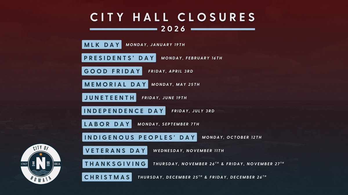 nowata's tweet image. 🗓️ 2026 Schedule of Planned Closures for Nowata City Hall 🗓️
🚨 1st City Hall Closure of 2026 is Monday, January 19th, 2026 in observance of MLK Day 🚨
🔗 Official Story - nowataok.gov/2026-nowata-ci…

#nowata #oklahoma #welcomeisourname #wavesofchange #cherokeenation