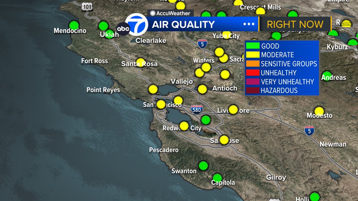 SandhyaABC7's tweet image. SPARE THE AIR: Alert extended through Saturday.  Haze in the air &amp;amp; most areas reporting moderate air quality.  How does it look near you?  Temps in 60s &amp;amp; 70s right now!  Be careful if you're at the beach as the surf remains hazardous.  #ABC7now #SanFrancisco #BayArea #CAwx