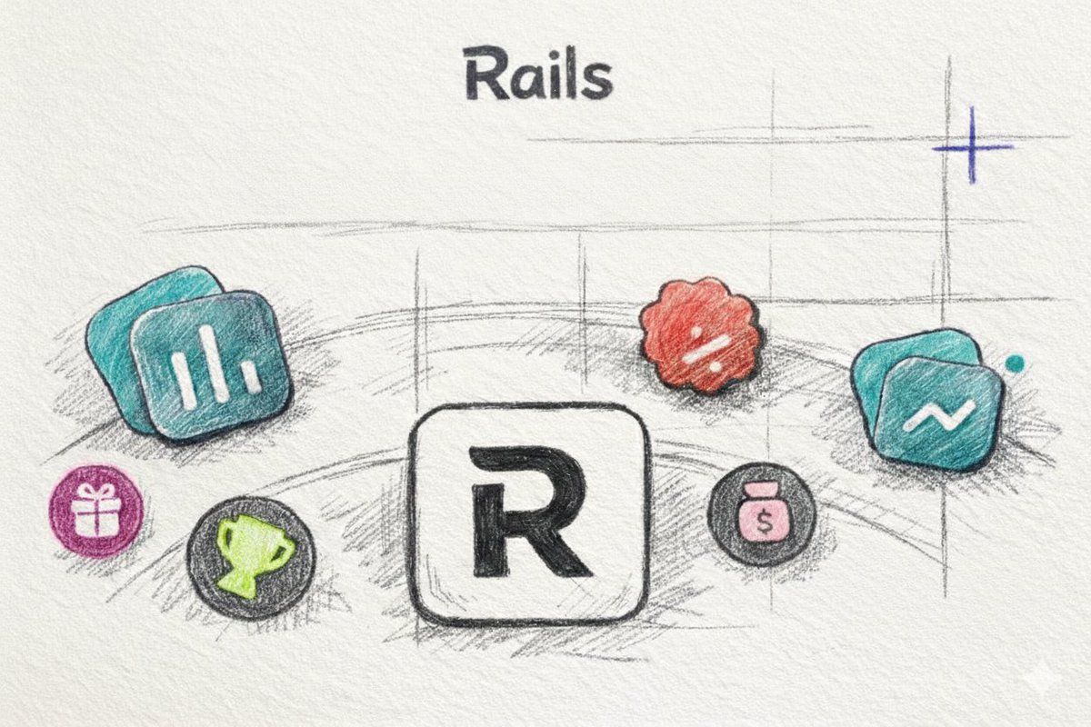This sketch represents the Rails trading platform, using a hand-drawn aesthetic to illustrate a cycle of trading, winning, and repeating through various features.