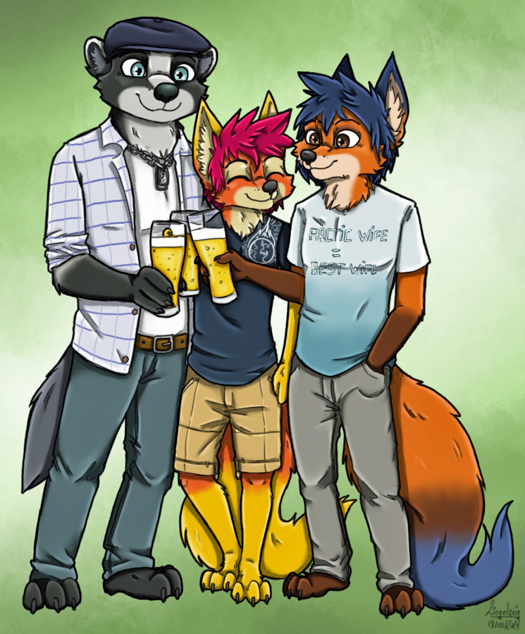 Ziegelzeig's tweet photo. A doodle realized and colorized for FireFox and Mick-Fries to celebrate their IRL meeting alongside SMNeff in the form of this art where their fursonas meet around a good drink.

Have a good day,

Zieg' https://t.co/hNhdmuQ6yq