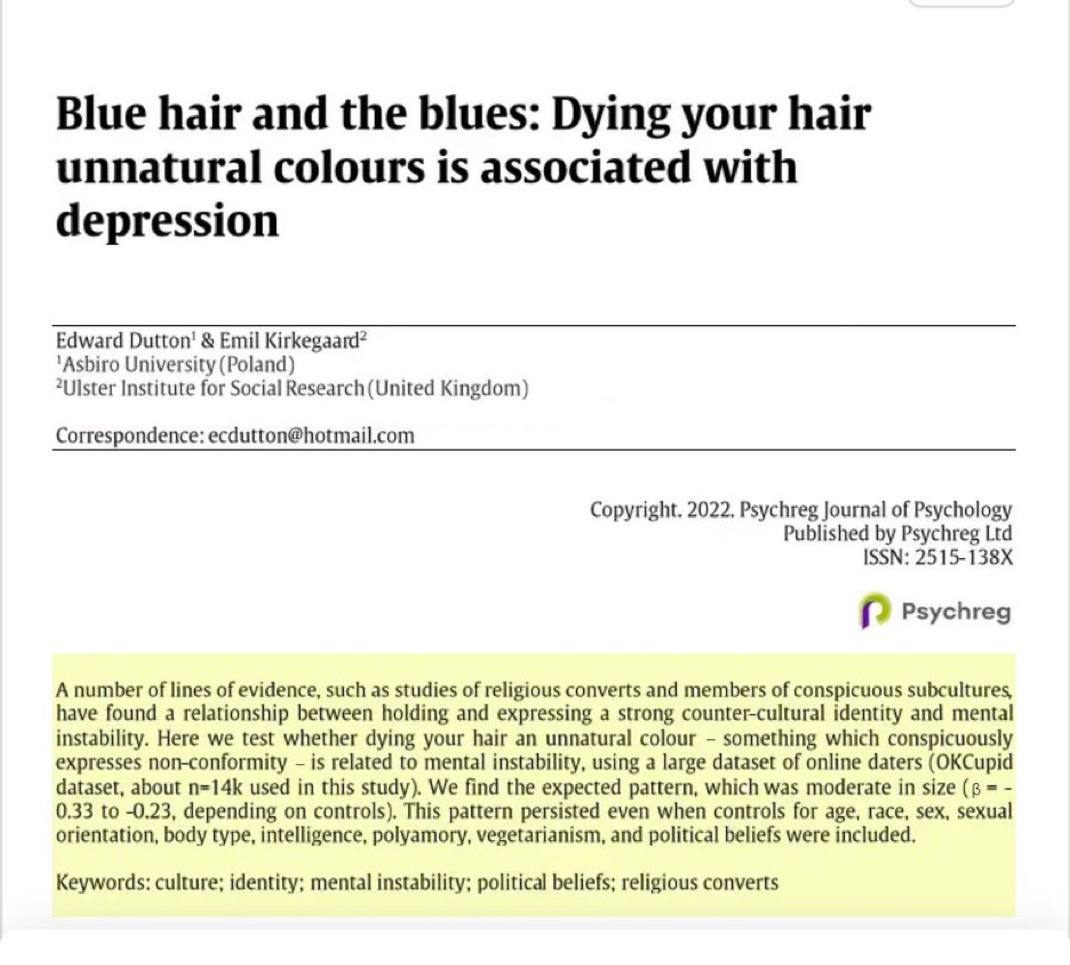 AndrewKolvet's tweet image. "Dying your hair unnatural colours is associated with depression."

Color me shocked.