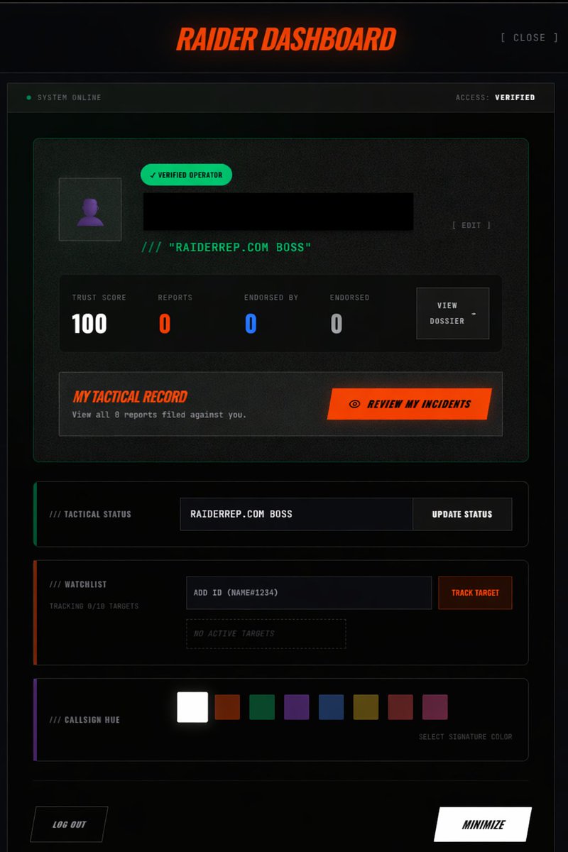 RaiderRep's tweet image. When you claim your ID, this is what full operator clearance looks like.

• Verified badge
• Identity defense
• Watchlist system
• Vouch authority
• Full archives
• Custom signature
Not everyone should have access.
raiderrep.com