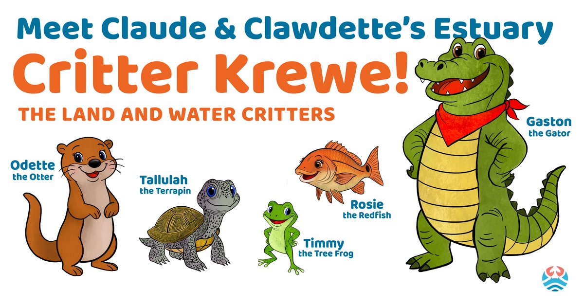 Claude &amp; Clawdette aren't teaching our #EstuaryExplorers on their own…they have a whole Critter Krewe to help!

Meet: Odette the Otter, Tallulah the Terrapin, Timmy the Tree Frog, Rosie the Redfish, and Gaston the Gator. But that’s not all...stay tuned for one more reveal! 👀