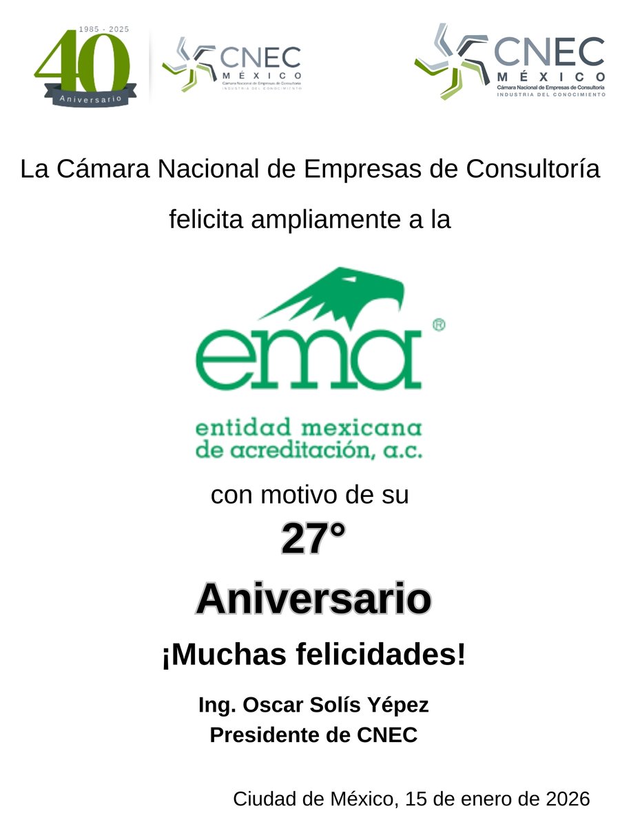 #AlianzasEstratégicas

De parte de nuestro Presidente, Ing. Oscar Solís (<a href="/SOLYEP71/">OSCAR SOLIS</a>), felicitamos en su aniversario a la Entidad Mexicana de Acreditación (<a href="/ema_ac/">EMA A.C</a>).

Un orgullo para #CNEC formar parte como asociada de tan reconocido organismo.