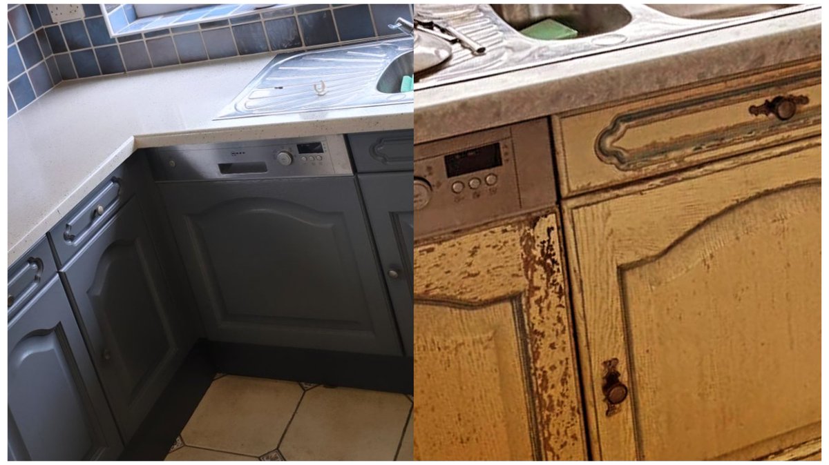 SprayMastersUK's tweet photo. One of our favourite kitchen makeovers of 2025. A 35 year old kitchen in Ripley Transformed. Cabinets and worktops. #SprayMasters #Derby #kitchencabinet #Spray #painting https://t.co/F9GDtzk0ep https://t.co/EiTivSfJtn