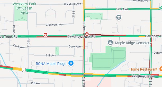 NewsRadioVAN's tweet image. 3:24 #MapleRidge
Crash in the intersection of Dewdney Trunk Road and Laity. 
Left lane blocked in all directions.