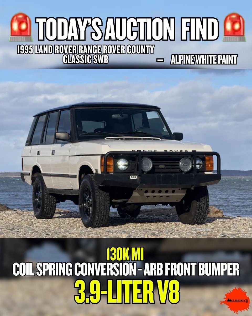 Lucky8OffRoad's tweet image. TODAY’S AUCTION FIND 🪩 BaT Lot #226763

1995 Land Rover Range Rover County Classic. Alpine White over Saddle leather, 3.9L V8, 4-speed auto, dual-range 4x4, ARB bumper, coil spring conversion. 432 watchers.

#AuctionFind #BringATrailer #RangeRoverClassic #LandRover #4x4