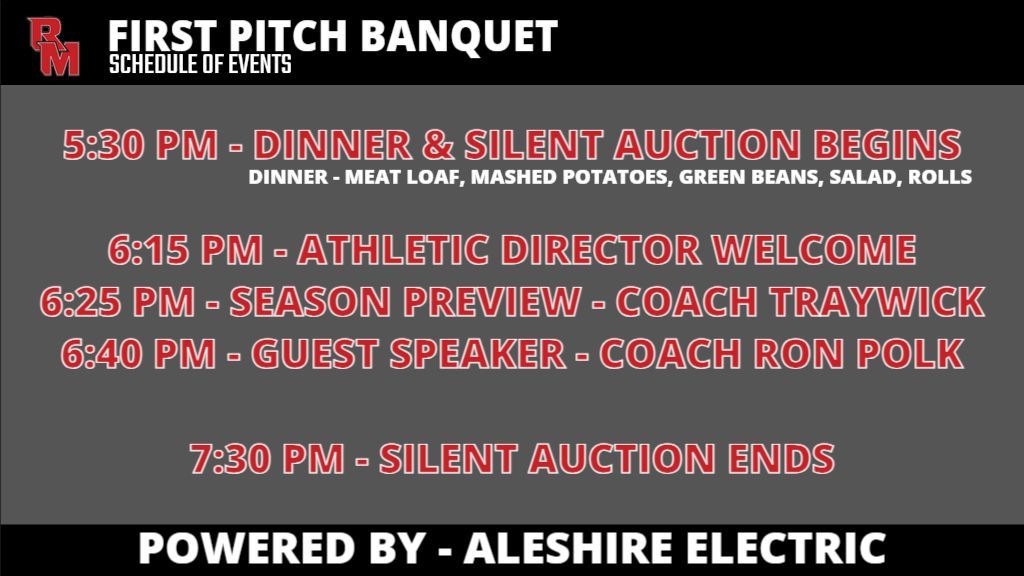We are ONE WEEK away from the <a href="/UARMBaseball/">UARM Baseball</a> First Pitch Banquet - powered by Aleshire Electric! Event begins at 5:30 pm with Dinner and the Silent Auction opening with College Baseball  Hall of Fame Coach Ron Polk to follow as our guest speaker!! #DefendTheMountain