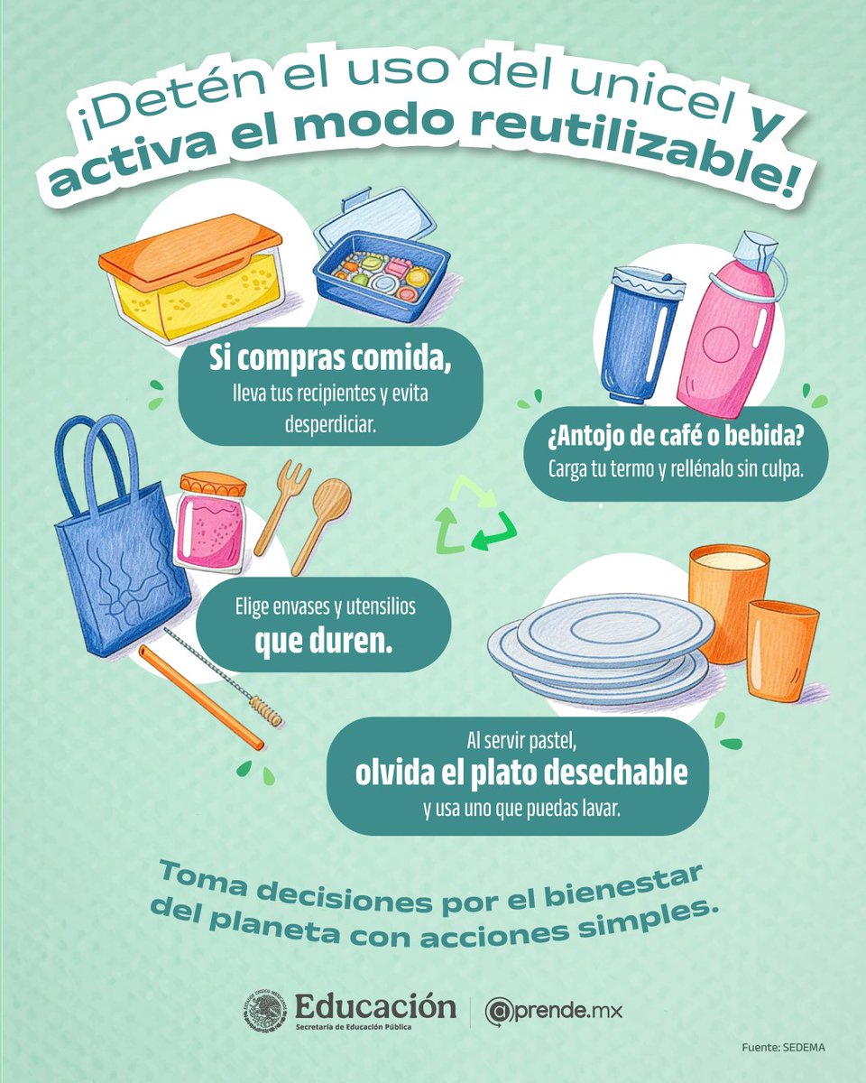 SEPHidalgo's tweet photo. El unicel no es opción.
Cada día podemos elegir mejor: llevar nuestros propios recipientes, usar termos y cambiar lo #desechable por lo #reutilizable. 🤩
Pequeños #hábitos que suman en grande para cuidar nuestro entorno. 🗺️🫂 https://t.co/Wt7qJu584c