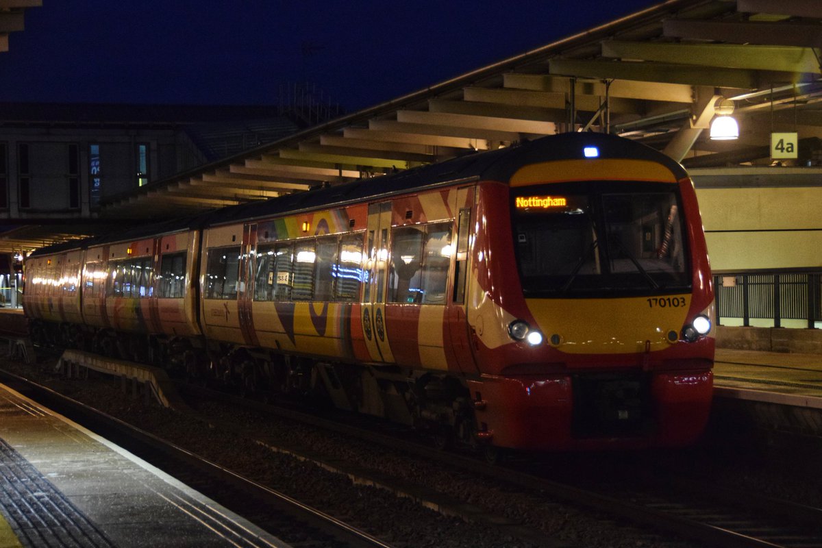 SteelCityDog_'s tweet image. A very late #TurboThursday here... CrossCountry #Class170 170103 in its pride livery again :)

Seen here at a dark and dingy Derby with a service to Nottingham.