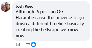 HimQuant's tweet image. facebook moms literally talk about how harambe caused an entire time rift, essentially shifting meme culture forever

Look at this comment that got 200 likes

and this one as well