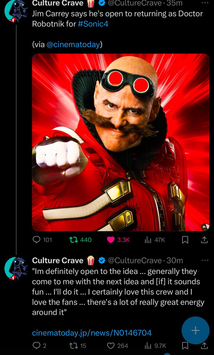 DaffyWoody's tweet image. For me as a longtime Jim Carrey fan.
I find it hilarious, that he used to be a “Mr. No Sequels Guy.”
But now in the 2020s, he’s only just appearing in Sonic Movies for now.😂

That’s probably the most Jim Carrey-ish decision, that he has done.
He really loves these Sonic films.