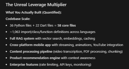 FlokiMEmoon's tweet image. How long would YOUR team need to build a full production RAG + cross-platform mobile + ML system?   

I just did it solo in 30 hours with Cursor + AI.
Old way: 5 devs • 6–9 months • $200k–$400k
My way: $100 ($3.33/hr)
→ ~1000× leap.

Did i mention its Edge AI ready with…