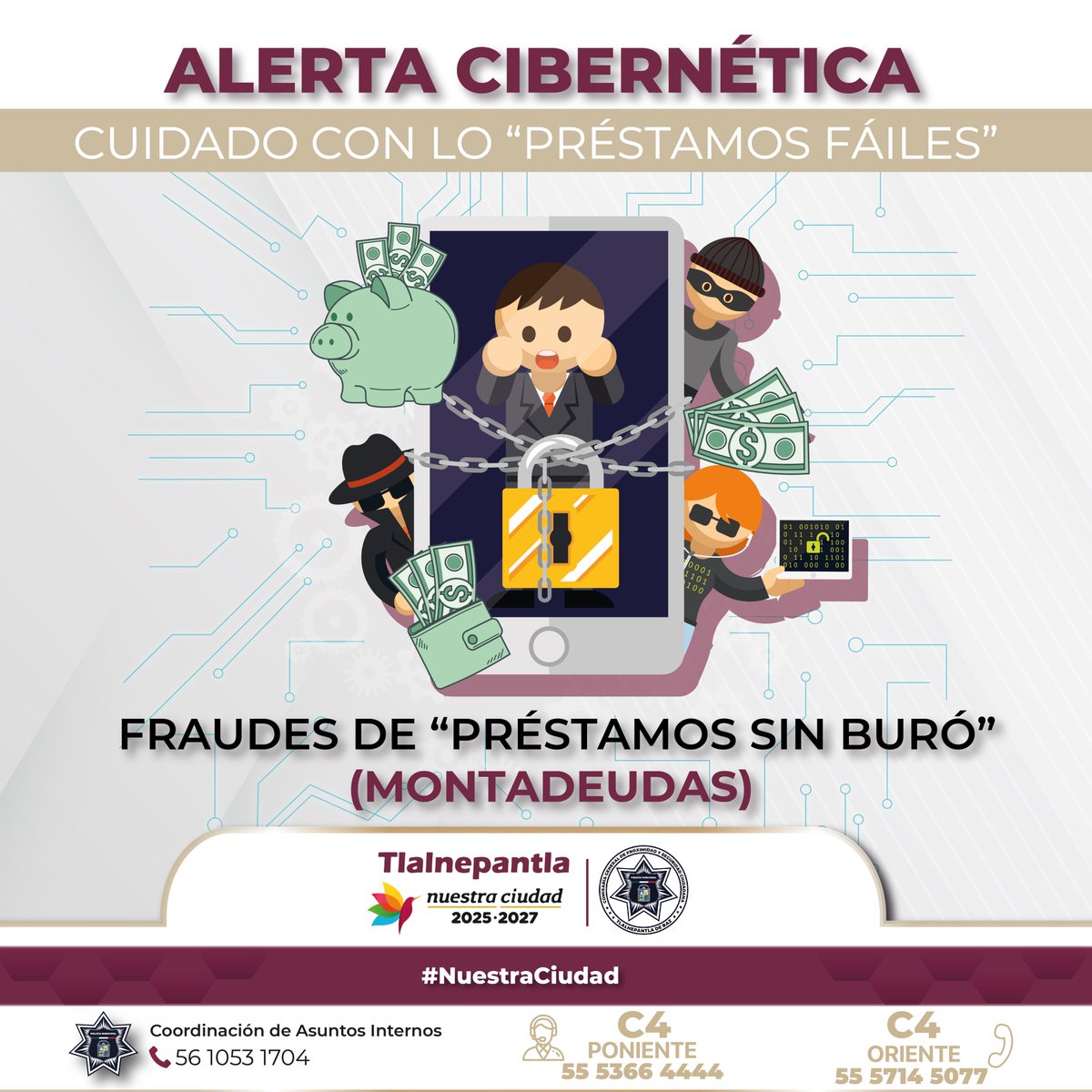 Cuidado con los "préstamos fáciles". Si te ofrecen dinero inmediato por WhatsApp o Apps sin revisar Buró, podrías ser víctima de los "Montadeudas". Terminan extorsionándote y robando tu información.

#NuestraCiudad #TlalnepantlaCiudadSegura