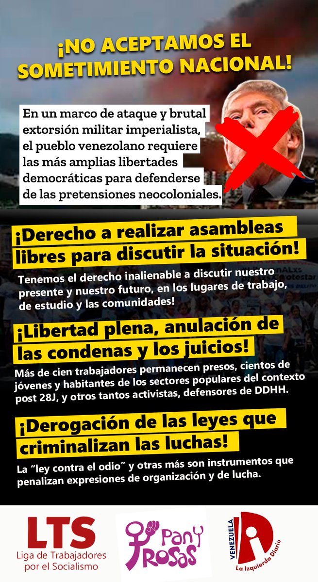 angelariaslts's tweet photo. No aceptamos el sometimiento nacional. No se puede naturalizar la extorsión imperialista. El pueblo venezolano tiene el derecho a discutir y decidir el presente y el futuro del país. Trump quiere que las decisiones sobre el país las tome Washington. #VenezuelaSiTrumpNo https://t.co/j4AWIAGzXL