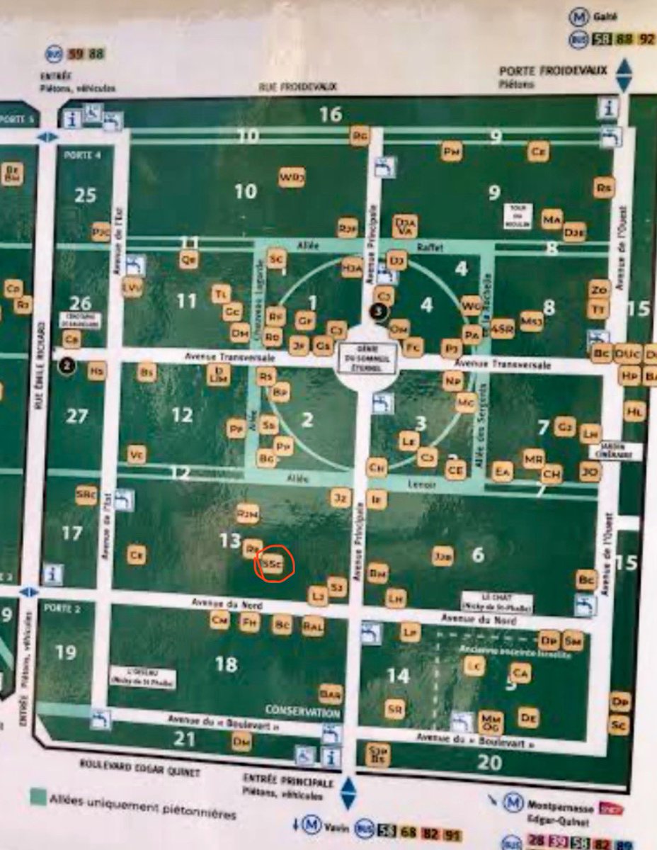 サン=サーンス(一家)のお墓がモンパルナス墓地にあるとのことで来訪。13番区画のこの辺という情報のみで、探し出すのに30分以上要した。
ベートーベン、シューベルトやヨハン・シュトラウス(多数作曲家)が眠るウィーン中央墓地と違いあまり整備されておらず、、時間と気持ちに余裕を持っての来訪推奨！
