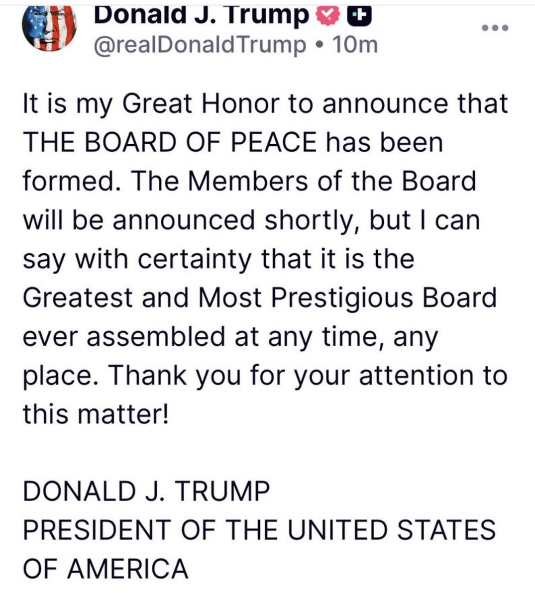 BREAKING: Trump announces “the board of peace”. 

This is a classic authoritarian rebranding tactic:

Hitler Claimed to want peace while:
- Crushing internal dissent
- Militarizing society
- Expanding territory through force

Putin Calls wars “special operations” to restore
