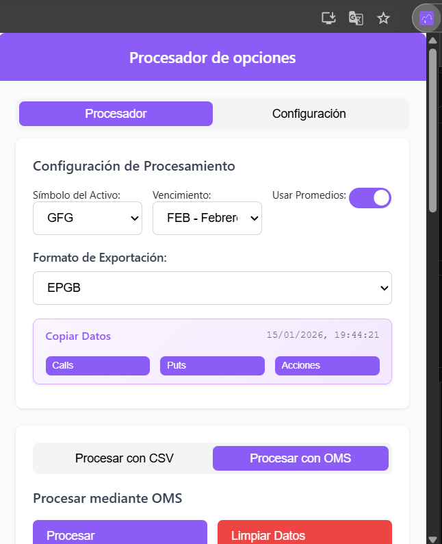 jorgegfg's tweet photo. 🚀 Ya está disponible la versión 2.0.0 de Procesador de Opciones

✨ NUEVA FUNCIONALIDAD: Integración directa con sistemas OMS
📊 Procesa operaciones sin exportar CSV manualmente
📁 Olvidarte de descargar CSV 
🔐 7 brokers preconfigurados (Cocos Pro, Eco Valores, Veta, Bull Market, Cohen, Adcap, BCCH)
💾 Todo se guarda localmente en tu navegador
