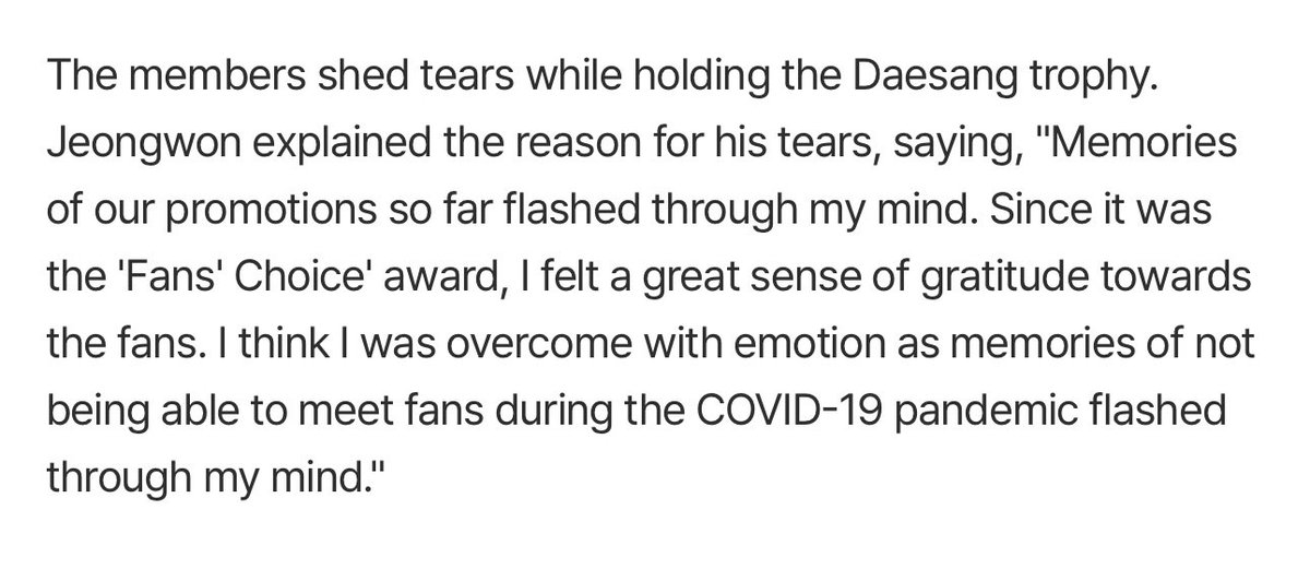 EN7ernally's tweet image. the reason why jungwon cried when they received the mama daesang:

🐈 memories of our promotions so far flashed through my mind. since it was the 'fans' choice' award, i felt a great sense of gratitude towards the fans. i think i was overcome with emotion as memories of not being…