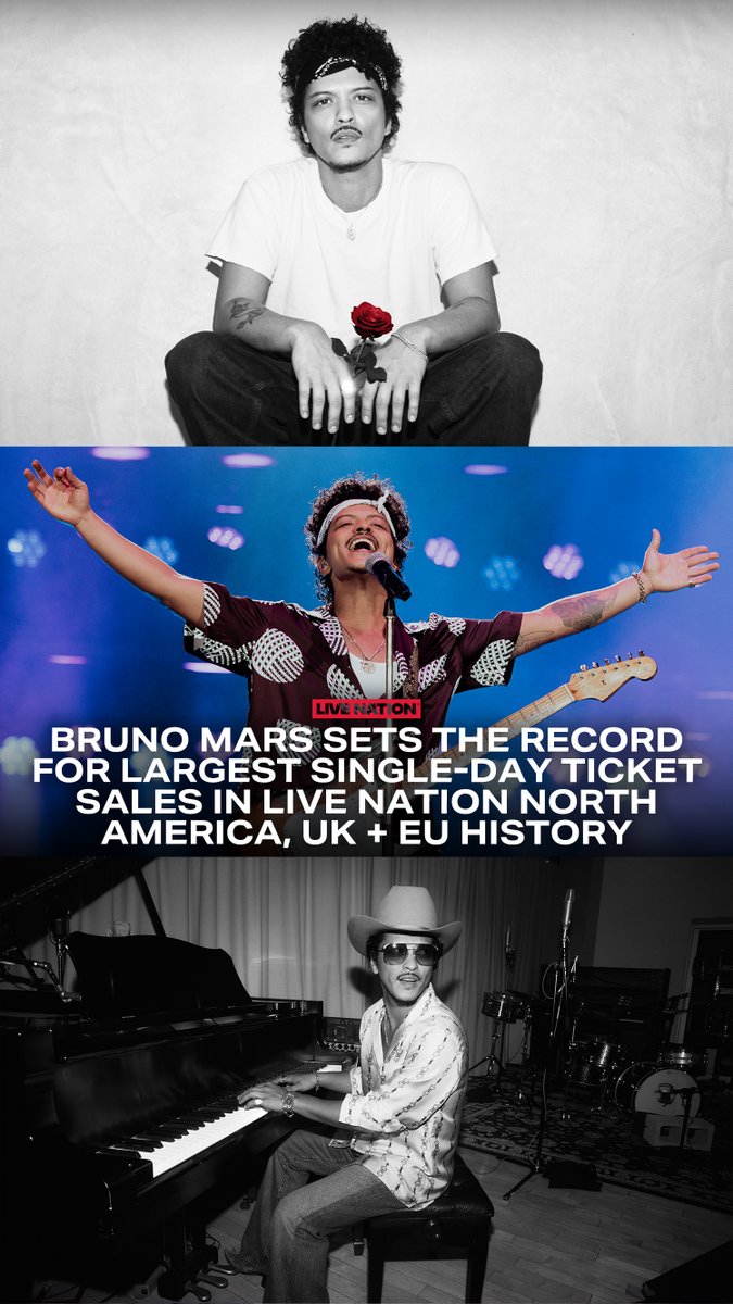 LiveNation's tweet image. .@BrunoMars is already shattering records worldwide with The Romantic Tour. His first full headline tour in almost 10 years and first-ever global stadium run will span 70 dates across North America, Europe, and the UK, shaping up to be one of the largest global tours of the year.