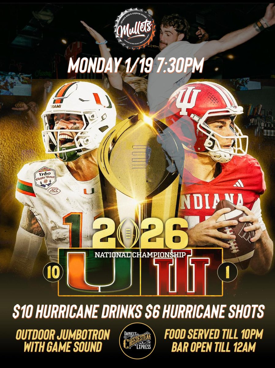 Canes Game Watch Party. Jumbotron with game sound and dozen indoor TVs. Cigar Lounge! Mullets downtown Clermont just northwest of Orlando.