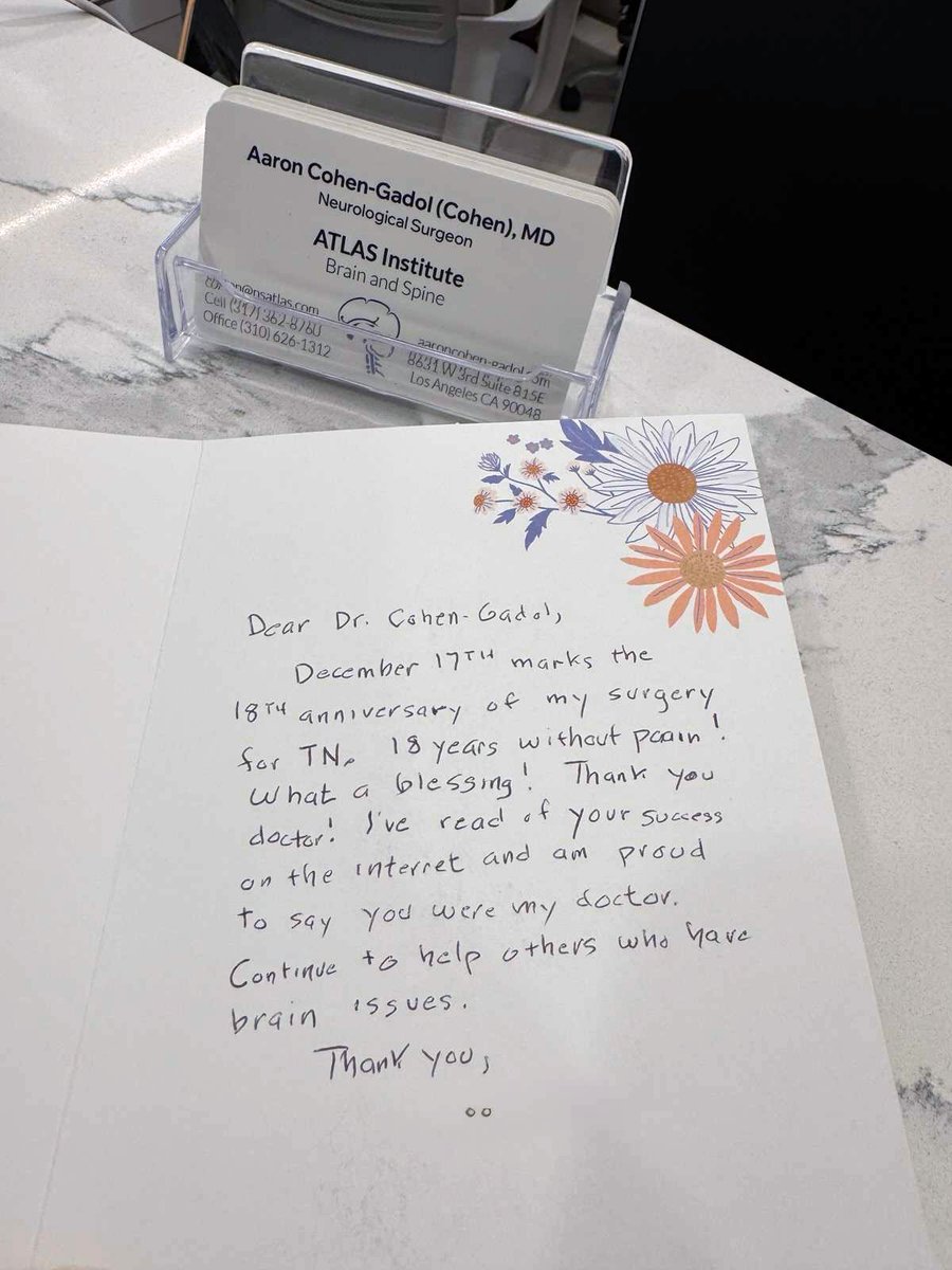AaronCohenGadol's tweet photo. Eighteen years after trigeminal neuralgia surgery, receiving a heartfelt letter of gratitude from a patient is truly humbling. We are deeply grateful for the trust our patients place in us and honored to be part of care that can make a lasting difference.

This is why medicine is more than a profession—it’s a privilege.