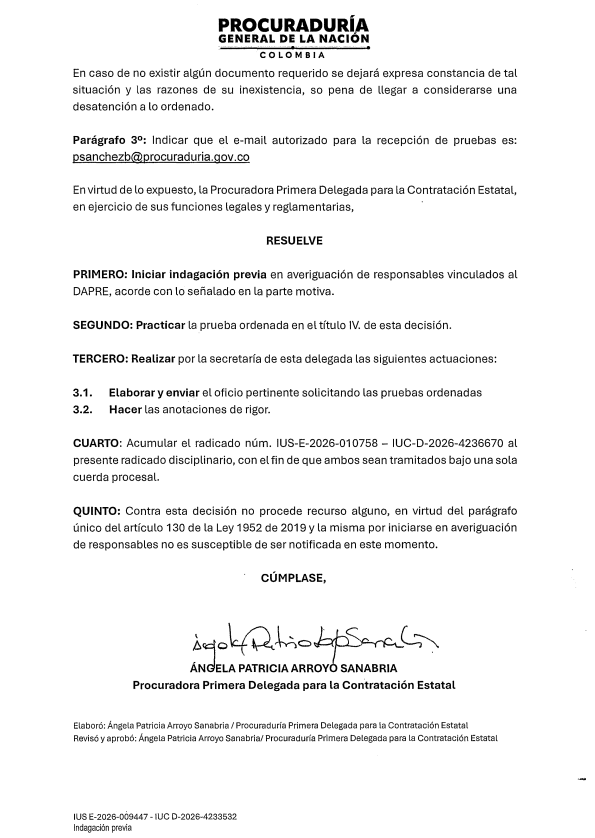 La representante Katherine Miranda da a conocer que la Procuraduría General abrió investigación por el contrato suscrito por la Presidencia de la República y que tiene por objeto la defensa judicial del presidente Gustavo Petro por un valor de $10.000 millones ante autoridades