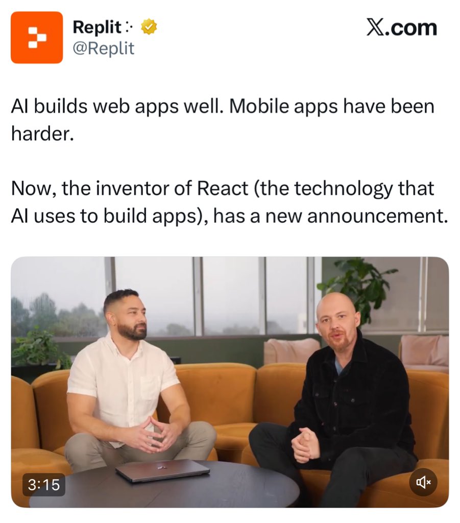 KsuMhS's tweet photo. 🚨 اللي سووه Replit مو طبيعي

Replit اطلقوا ميزة رفع تطبيقك وتنزيله على المتجر مباشرة من داخل المنصة، بدون منصات خارجية ولا قروشة
الـprompt يصير تطبيق بـ app store

لو تشوفون الاعلان بتلقون المؤسس لـ React وهو أحد مدراء المنتجات مع @Replit 
اللي هو @jordwalke مع @amasad . https://t.co/vd6gZbeozJ
