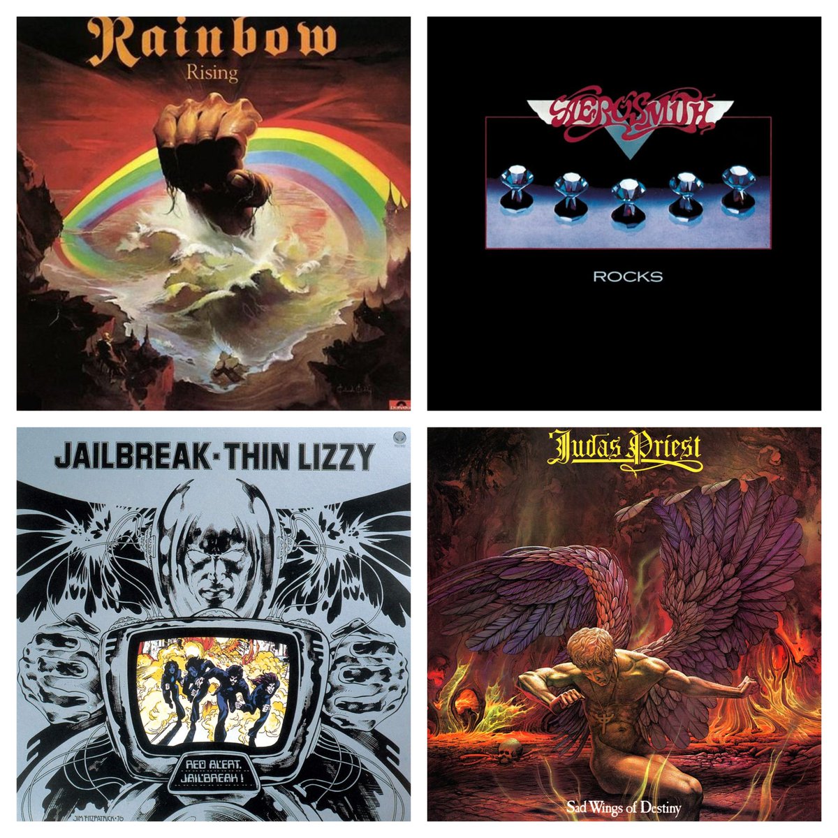 Sebyy71's tweet photo. Which of these 4 albums from 1976 do you prefer?

👉 Rainbow - Rising
👉 Aerosmith - Rocks 
👉 Thin Lizzy - Jailbreak 
👉 Judas Priest - Sad Wings Of Destiny https://t.co/wRG97SpDKV