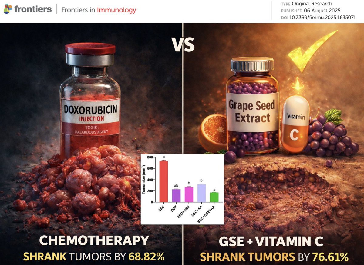 NicHulscher's tweet image. 🚨STUDY: Vitamin C + Grape Seed Extract Shrinks Cancerous Tumors BETTER Than Chemotherapy in Mice

Natural combo CUT tumor volume by 76.61%, surpassing the “red devil” doxorubicin (68.82%) in a head-to-head preclinical study.

Beyond simply reducing tumor size, the GSE + Vitamin…